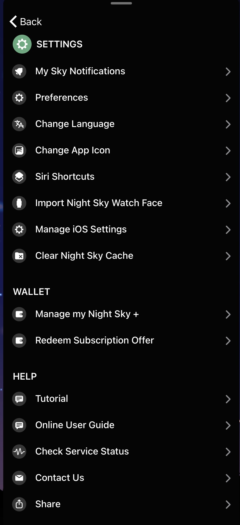 Night Sky app interface