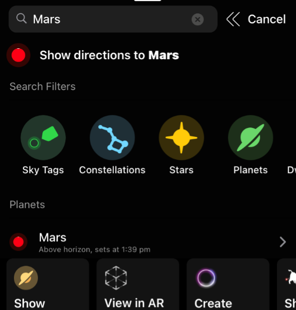 Night Sky app interface